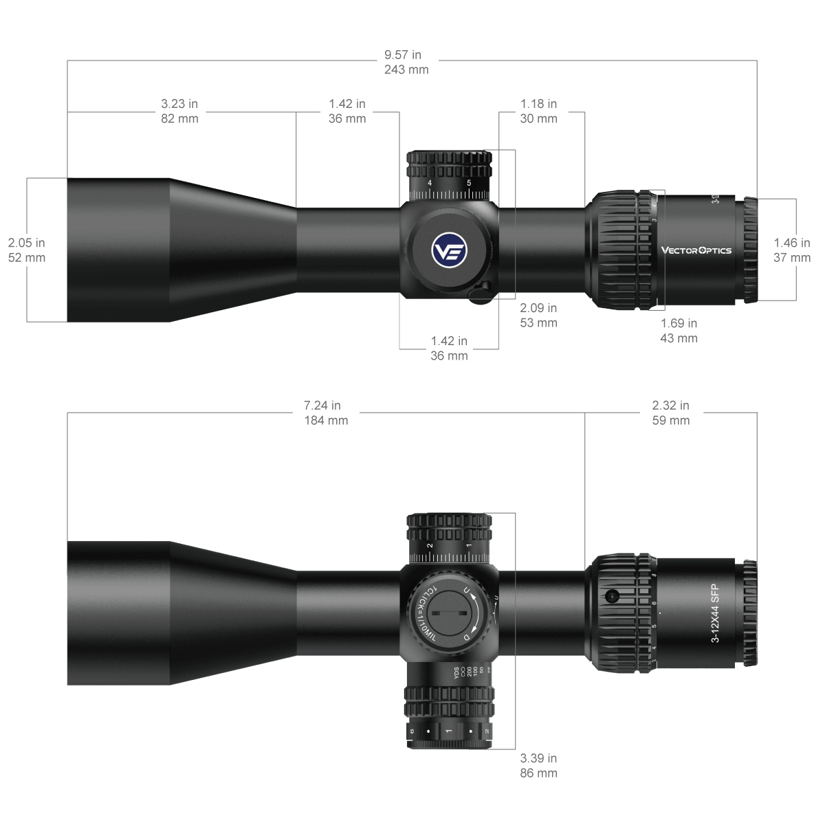 Vector Optics Veyron 3-12x44IR SFP kompaktiškas optinis taikiklis šautuvui Vector Optics