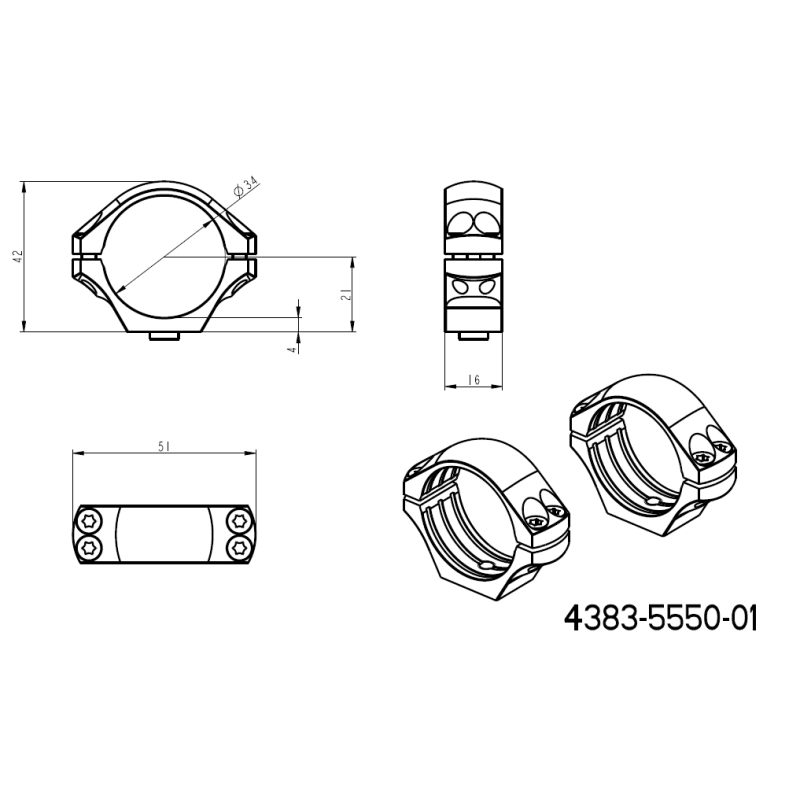 34 mm optinių taikiklių laikikliai | trumpas Picatinny QD Ergo pagrindas 