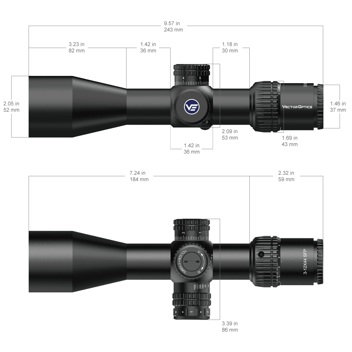 Vector Optics Veyron 3-12x44IR SFP kompaktiškas optinis taikiklis 