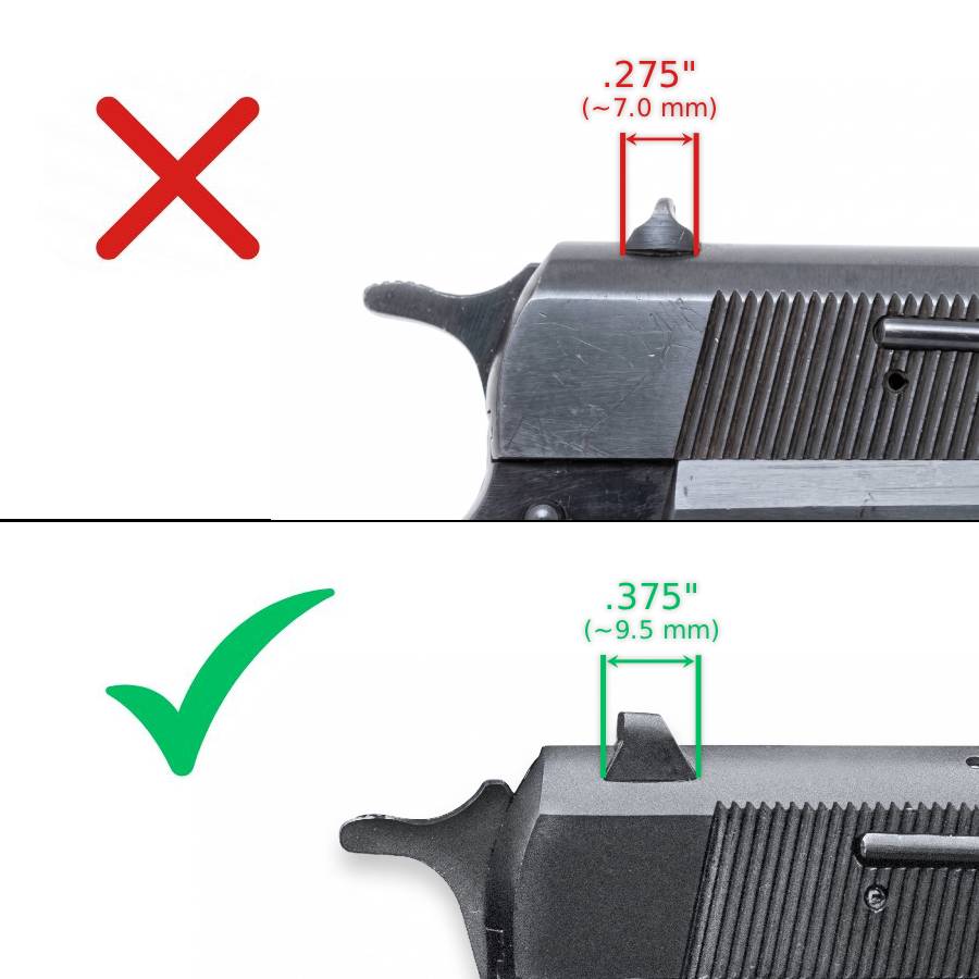 Browning Hi-Power [Vigilante Mark III Practical HP40] reguliuojami mechaniniai taikikliai | balti taškai